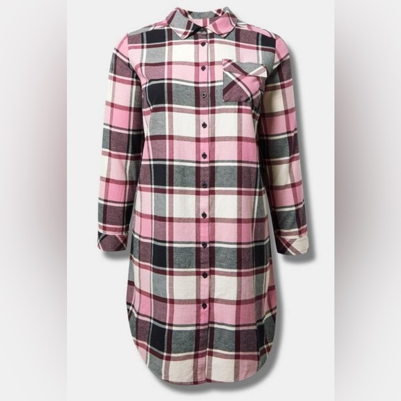 #2010 TORRID Flannel Midi Shacket Landen Plaid Pink, Burgundy, Black, White Cozy - Picture 1 of 9